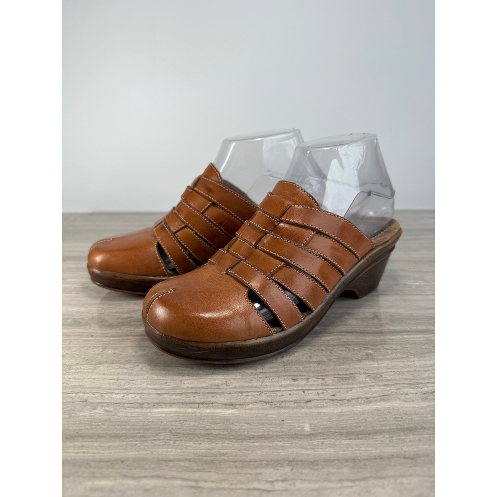 Dr. Scholl's Clog Brenna Brown Leather Woven Strappy‎ Slip-On Comfort Boho 6